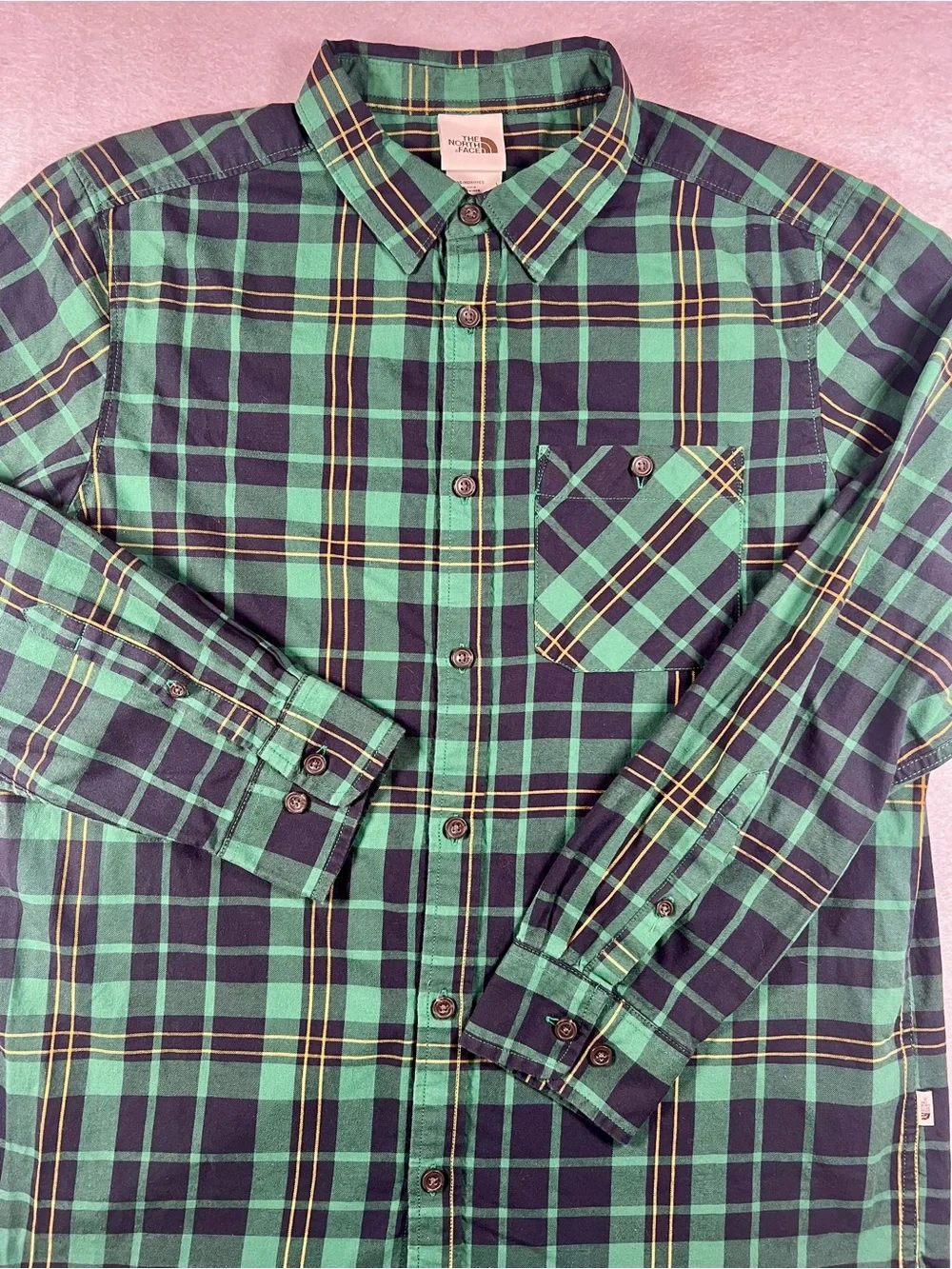 The North Face Mens Green Navy Plaid Button Down Shirt Outdoor Gorpcore Casual